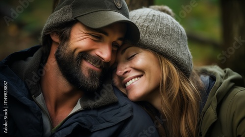 A couple cuddling and smiling with joy, soft natural light, space on the right side for branding,generative ai illustration