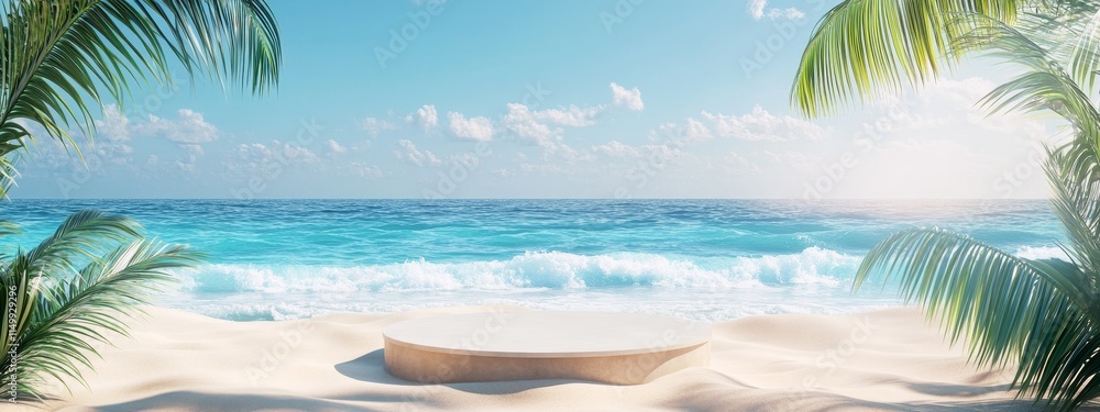 Fototapeta premium Tropical beach scene with a round podium for product display.