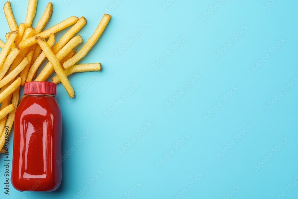 French fries and ketchup bottle on blue background. (7) French fries and ketchup bottle on blue background. (7)
