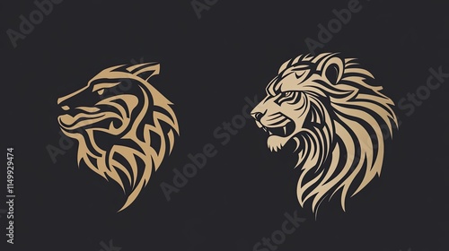 Wallpaper Mural Stylized wolf and lion head profiles in gold on black background. Torontodigital.ca