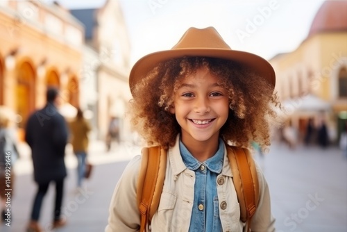 Portrait of a smiling little girl in hat with backpack on the street