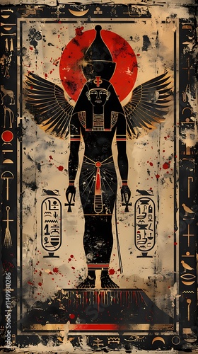 Ancient egyptian goddess with wings temple digital artwork mystical environment front view cultural significance photo