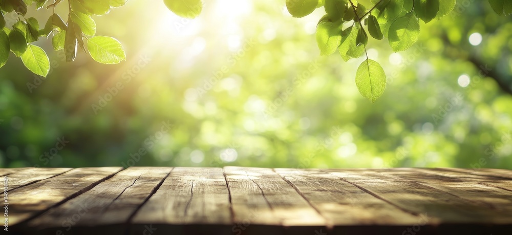 Sunny wooden table in a lush green forest. Sunny wooden table in a lush green forest.