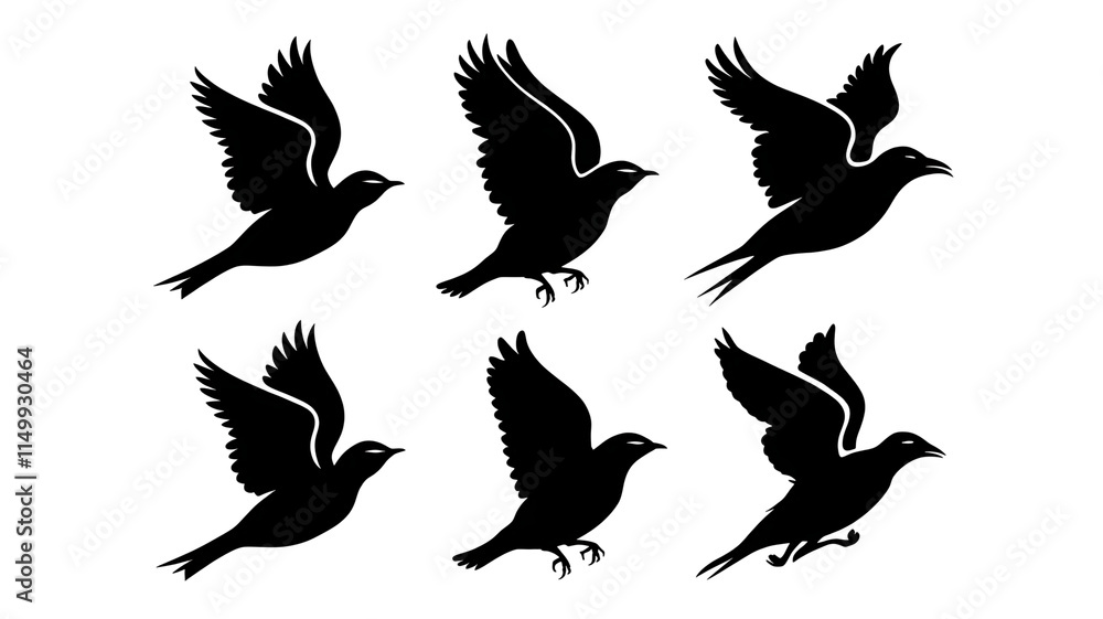 Fototapeta premium Minimalist Line Art of Birds in Flight on transparent background Silhouettes 