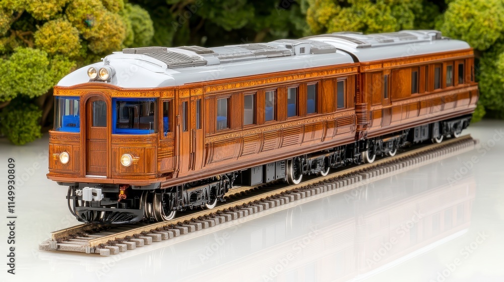 Naklejka premium A detailed model of a vintage train car, showcasing intricate design and craftsmanship, set against a natural backdrop.