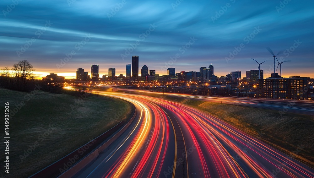 Fototapeta premium Cityscape at Dawn: Traffic Light Trails on Highway, Modern Buildings, Wind Turbines, Scenic Sunrise