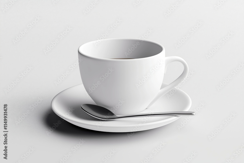 Modern clean shot of a small espresso cup on a white saucer with a single spoon resting on the edge, minimalist design. Modern clean shot of a small espresso cup on a white saucer with a single spoon resting on the edge, minimalist design.