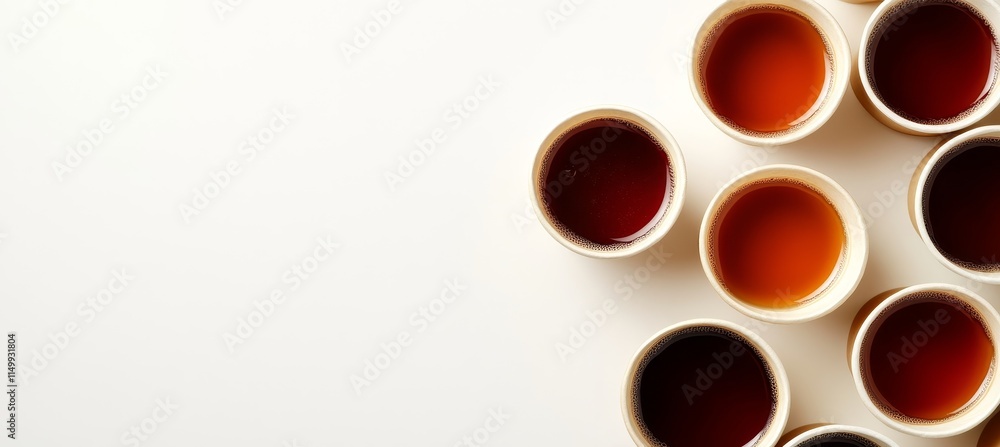 Top view of various tea shades in small cups on white background. Top view of various tea shades in small cups on white background.