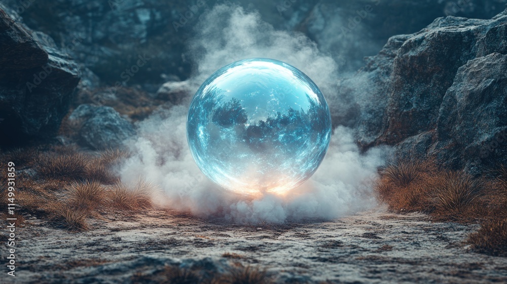 Fototapeta premium A mystical glowing orb surrounded by mist and rocky terrain.