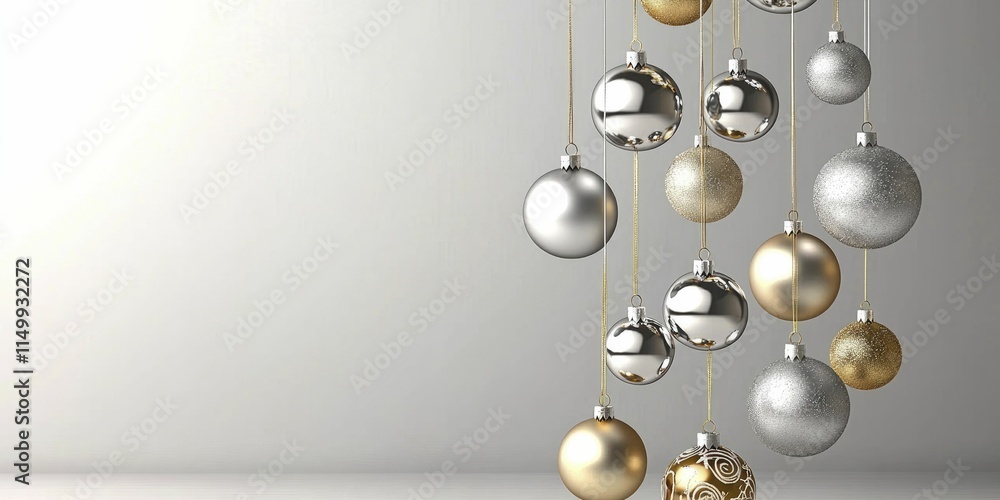 Obraz premium Festive Christmas tree with colorful ornaments hanging from ceiling branches.