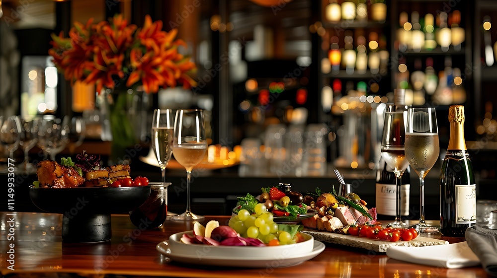 Obraz premium Food and drinks on the bar table arranged elegantly and tastefully romantic ambiance and gentle lighting