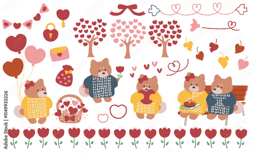 Fototapeta premium かわいい柴犬のバレンタインイラストセット2