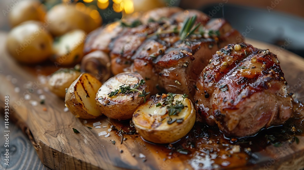 For easter grill pork and potatoes with thyme on a wooden board For easter grill pork and potatoes with thyme on a wooden board