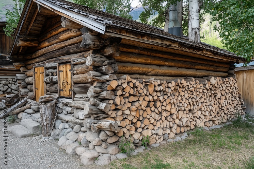 Neatly stacked firewood leaning against a timeworn timber cabin