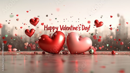 Two glossy hearts with Valentine's Day text and city background