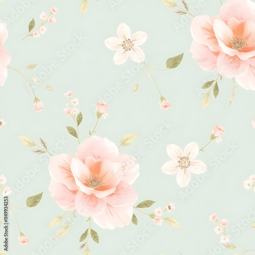 Floral Watercolor Seamless Pattern: Delicate pink and white blossoms dance on a soft blue backdrop in a charming, repeating design.