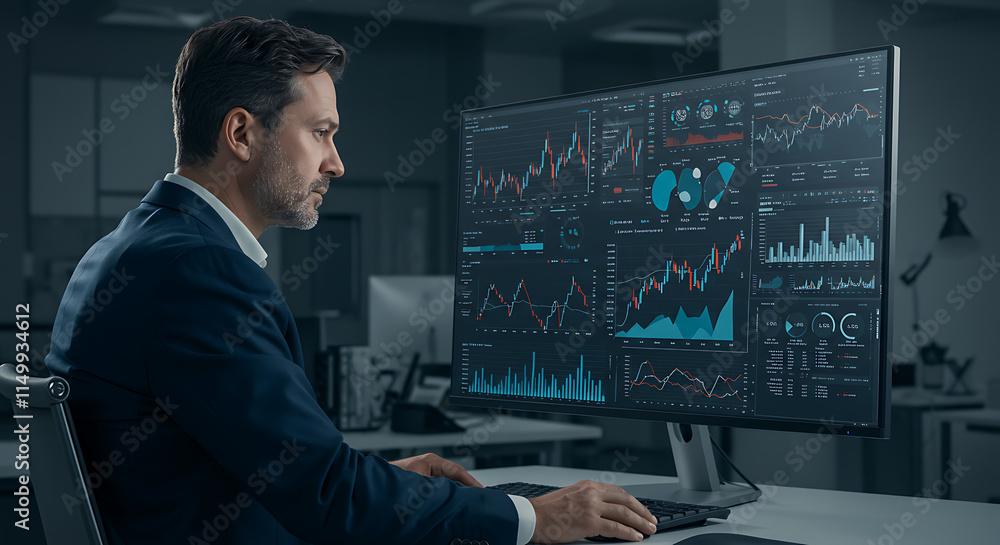 Businessman Analyzing Financial Data on Large Monitor Businessman Analyzing Financial Data on Large Monitor