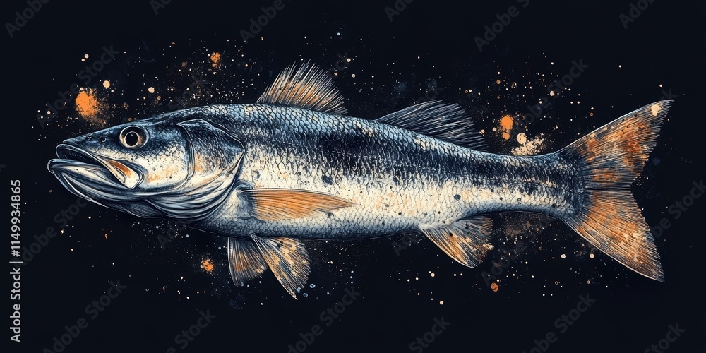 A Detailed and Vibrant Digital Illustration of a Fish Showcasing Intricate Details of Scales, Fins, and Colors Set Against a Deep Black Background with Artistic Splatters A Detailed and Vibrant Digital Illustration of a Fish Showcasing Intricate Details of Scales, Fins, and Colors Set Against a Deep Black Background with Artistic Splatters