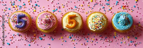 Four Colorful Cupcakes Decorated With Number Five photo