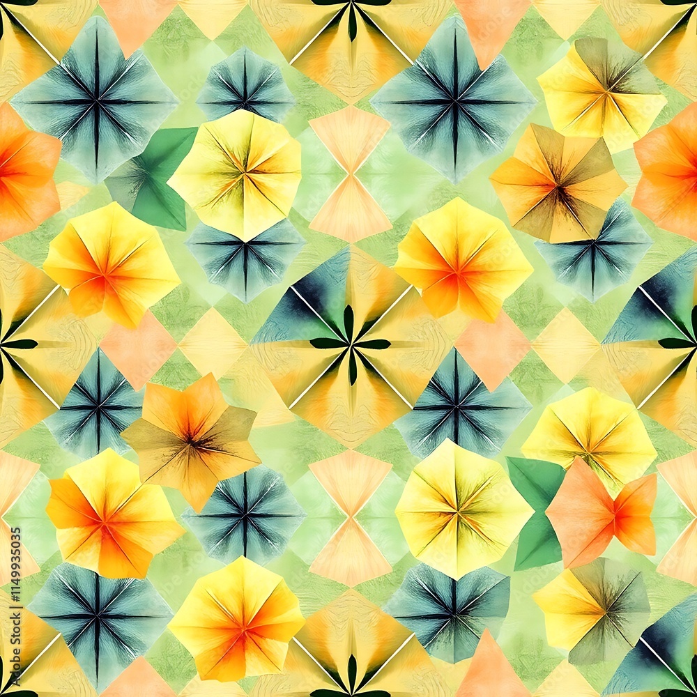 Geometric Floral Pattern: Abstract seamless design featuring stylized origami flowers in warm, pastel hues. Perfect for textile, fashion, and home decor projects. Geometric Floral Pattern: Abstract seamless design featuring stylized origami flowers in warm, pastel hues. Perfect for textile, fashion, and home decor projects.