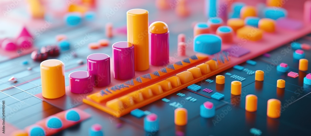 Colorful 3D geometric shapes and chart on a blue and pink surface. Colorful 3D geometric shapes and chart on a blue and pink surface.