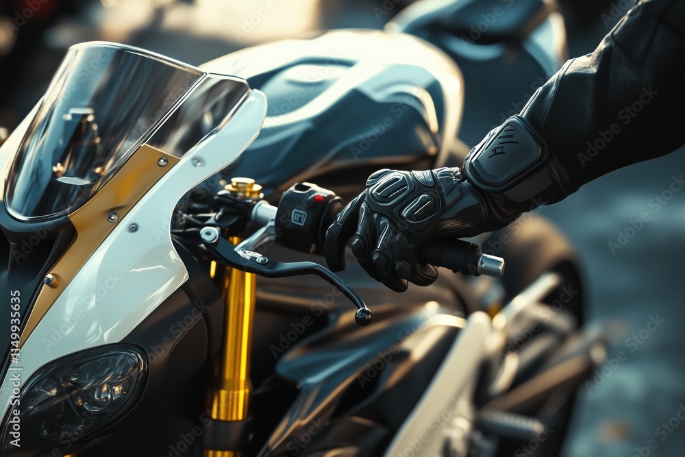 Close-up of a rider’s gloved hand on a sleek motorcycle, illuminated by warm sunset light Close-up of a rider’s gloved hand on a sleek motorcycle, illuminated by warm sunset light