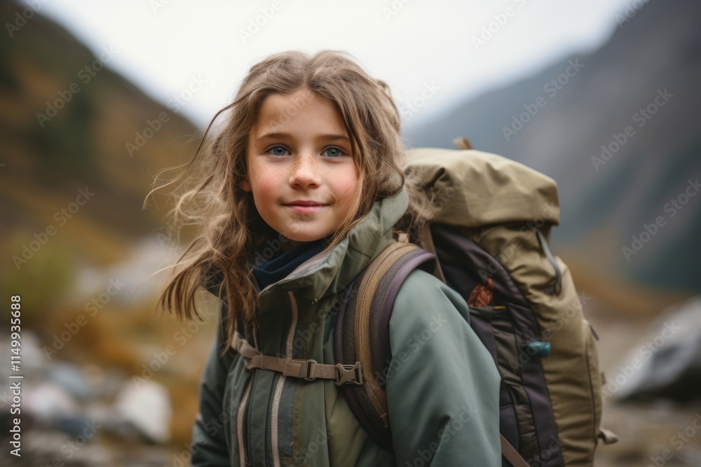 Portrait of a girl with a backpack on the background of mountains. Portrait of a girl with a backpack on the background of mountains.
