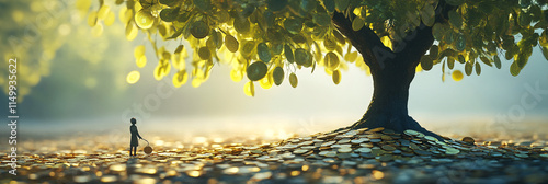 A tree with lush coin leaves, casting playful shadows on the ground, while a figure below collects fallen coins, symbolizing the rewards of hard work.   photo