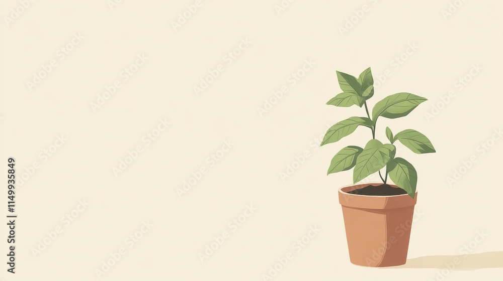 Fototapeta premium Small Plant in Terracotta Pot, Minimalist Botanical Illustration, Copy Space