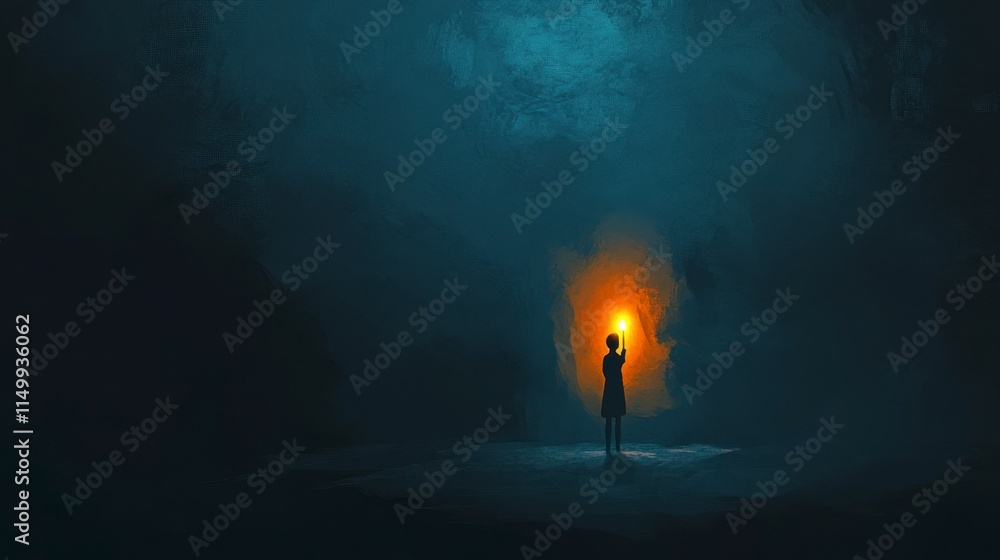 Lonely Girl Holds Candle in Dark Cave, Hopeful Lonely Girl Holds Candle in Dark Cave, Hopeful