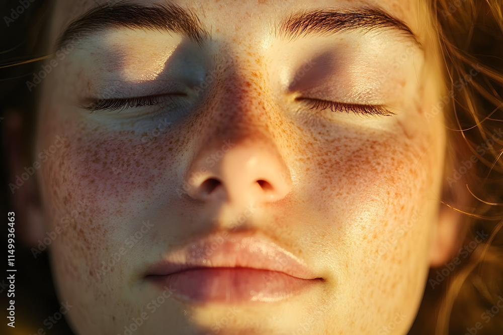 Fototapeta premium Close up of a young woman's face eyes closed freckles visible bathed in warm sunlight.