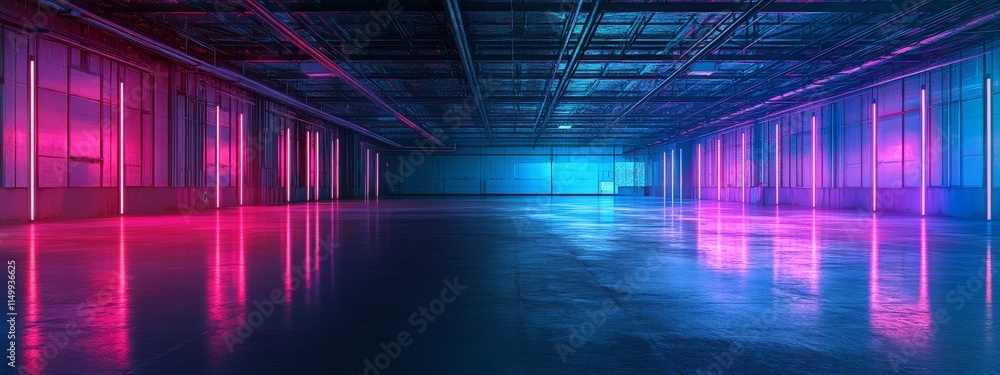 Neon lights illuminate a spacious, empty industrial interior with polished floors, reflecting vibrant pink and blue hues. Neon lights illuminate a spacious, empty industrial interior with polished floors, reflecting vibrant pink and blue hues.