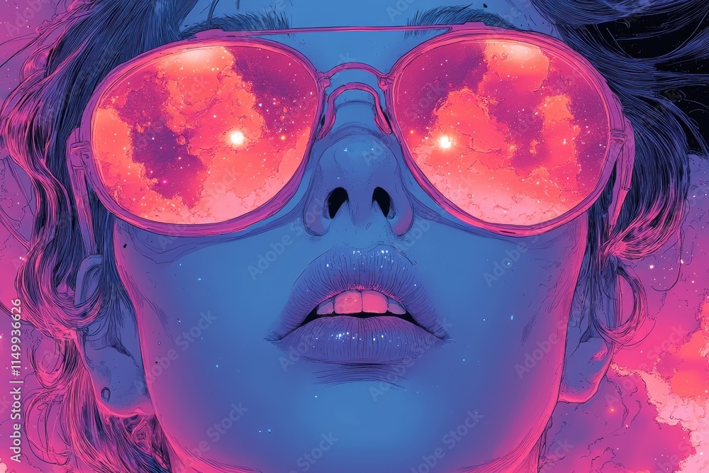Artistic Portrayal of a Stylized Face with Futuristic Sunglasses Reflecting Vibrant Space Nebula in Neon Colors, Expressing a Blend of Futuristic and Imaginative Aesthetics Artistic Portrayal of a Stylized Face with Futuristic Sunglasses Reflecting Vibrant Space Nebula in Neon Colors, Expressing a Blend of Futuristic and Imaginative Aesthetics