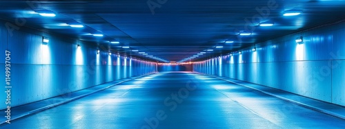 Illuminated underpass tunnel with blue lighting.