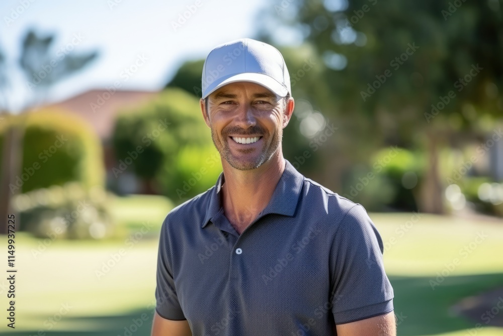 Portrait of a smiling male golfer standing in a golf course Portrait of a smiling male golfer standing in a golf course
