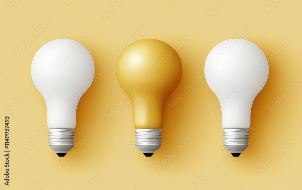 Three lightbulbs, two white, one gold, on yellow background. Three lightbulbs, two white, one gold, on yellow background.