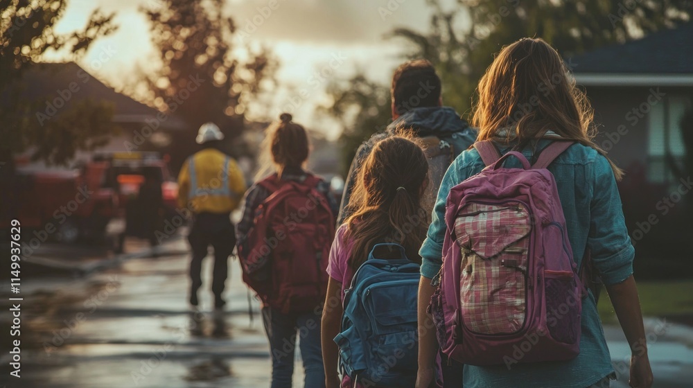 A family of four walking calmly with backpacks, evacuating their home due to a natural disaster, with emergency workers in the background. A family of four walking calmly with backpacks, evacuating their home due to a natural disaster, with emergency workers in the background.