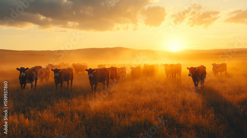 view of cows loose in the field during the summer at sunset.