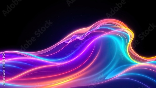 Neon Light Waves. Vibrant Digital Energy. Ideal For A Desktop Wallpaper Or Background.