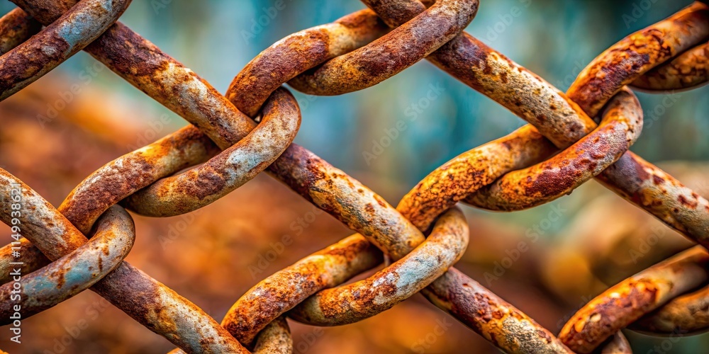 Close-up view of a weathered, rusty chain-link fence exhibiting intricate patterns of oxidation and decay Close-up view of a weathered, rusty chain-link fence exhibiting intricate patterns of oxidation and decay