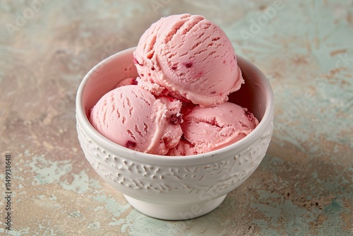 Three scoops of refreshing pink raspberry ice cream sit in a decorative white bowl, ready to be enjoyed photo