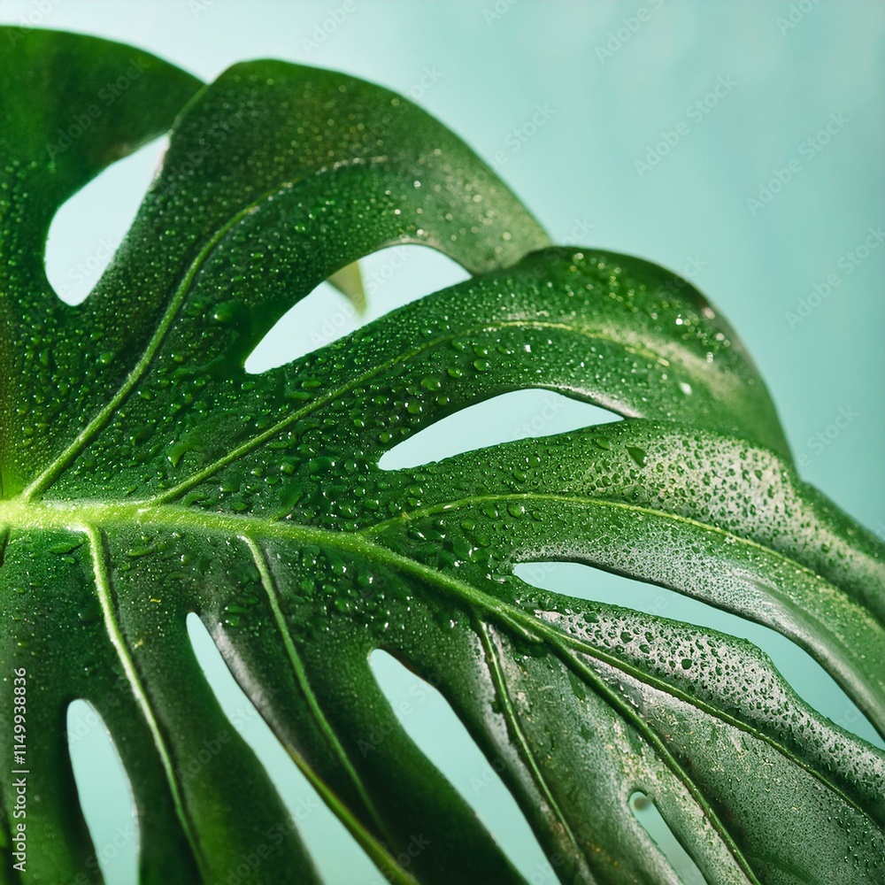 Generated image Closeup of tropical Monstera plant leaf with water drops Generated image Closeup of tropical Monstera plant leaf with water drops