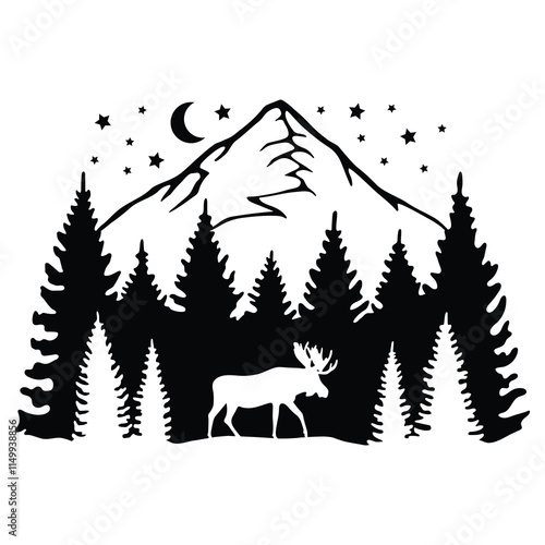 Moose in Nature, Wildlife, Hand Drawn Vector Illustration