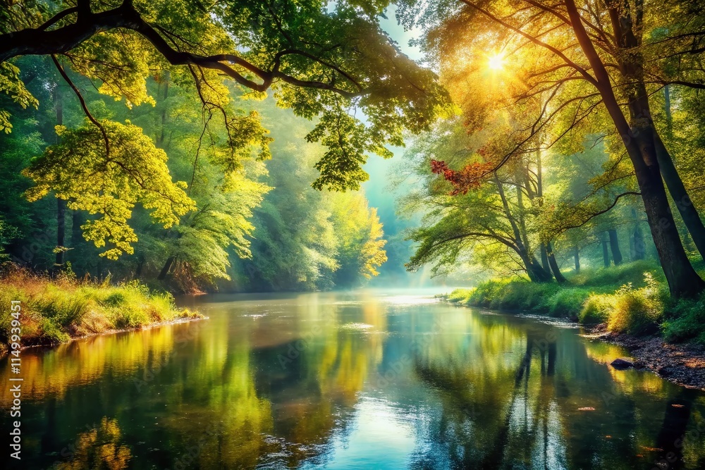 Fototapeta premium Vintage Forest River Scene: Lush Greenery, Calm Water, Retro Photography Style