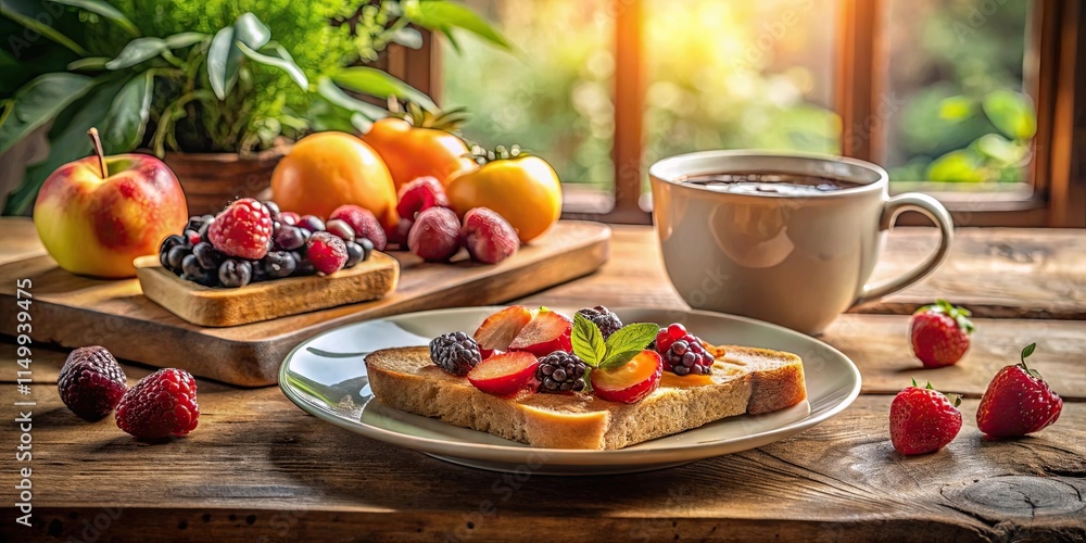 Sunlit Morning Delicious Toasted Bread with Fresh Berries and Fruit, Accompanied by a Warm Beverage Sunlit Morning Delicious Toasted Bread with Fresh Berries and Fruit, Accompanied by a Warm Beverage