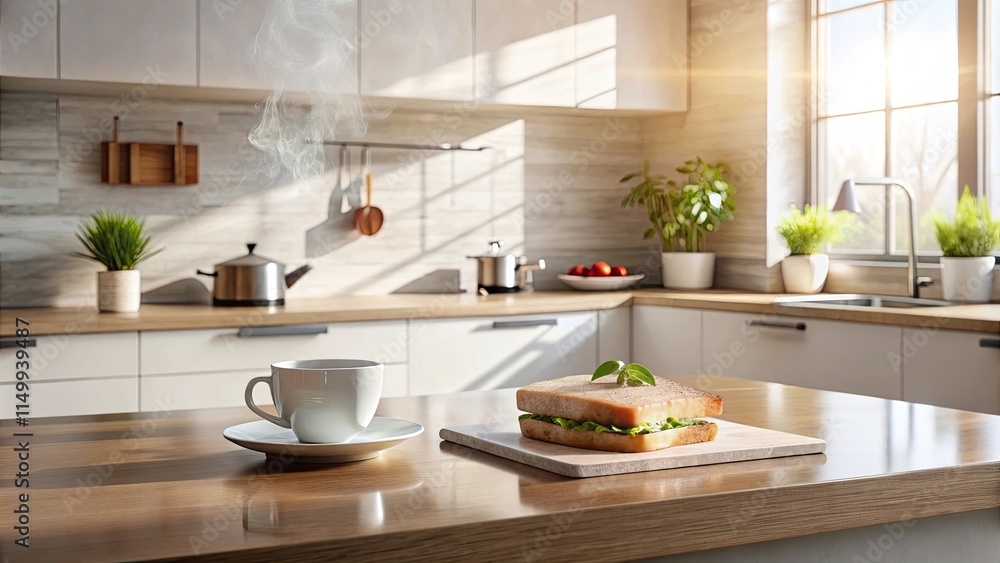 A simple breakfast of a toasted sandwich and steaming coffee on a kitchen counter bathed in sunlight A simple breakfast of a toasted sandwich and steaming coffee on a kitchen counter bathed in sunlight