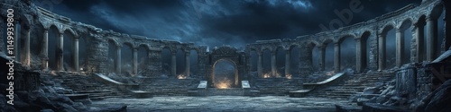 Nighttime view of ancient ruins with columns, arches, and a central archway. photo