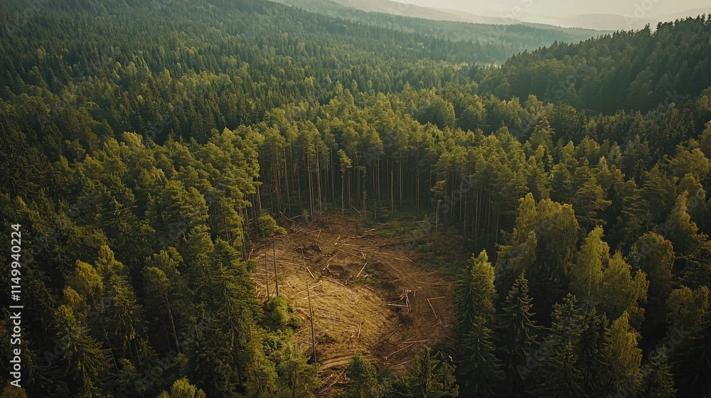 Obraz premium A forest with trees being cut down, highlighting deforestation