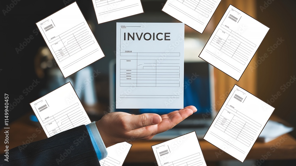 Fototapeta premium Hand Holding Invoice Document Surrounded by Other Papers, Business Finance Concept Image