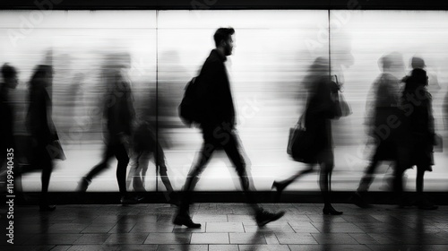 Blurred motion of people walking in a city.
